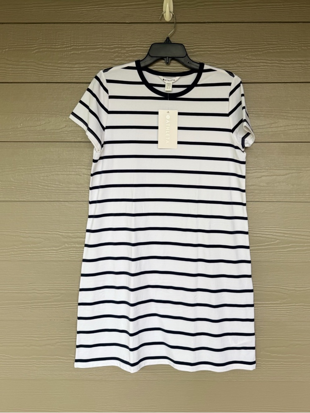 Athleta Striped T-Shirt Dress - White & Navy Size Medium Petite NWT
